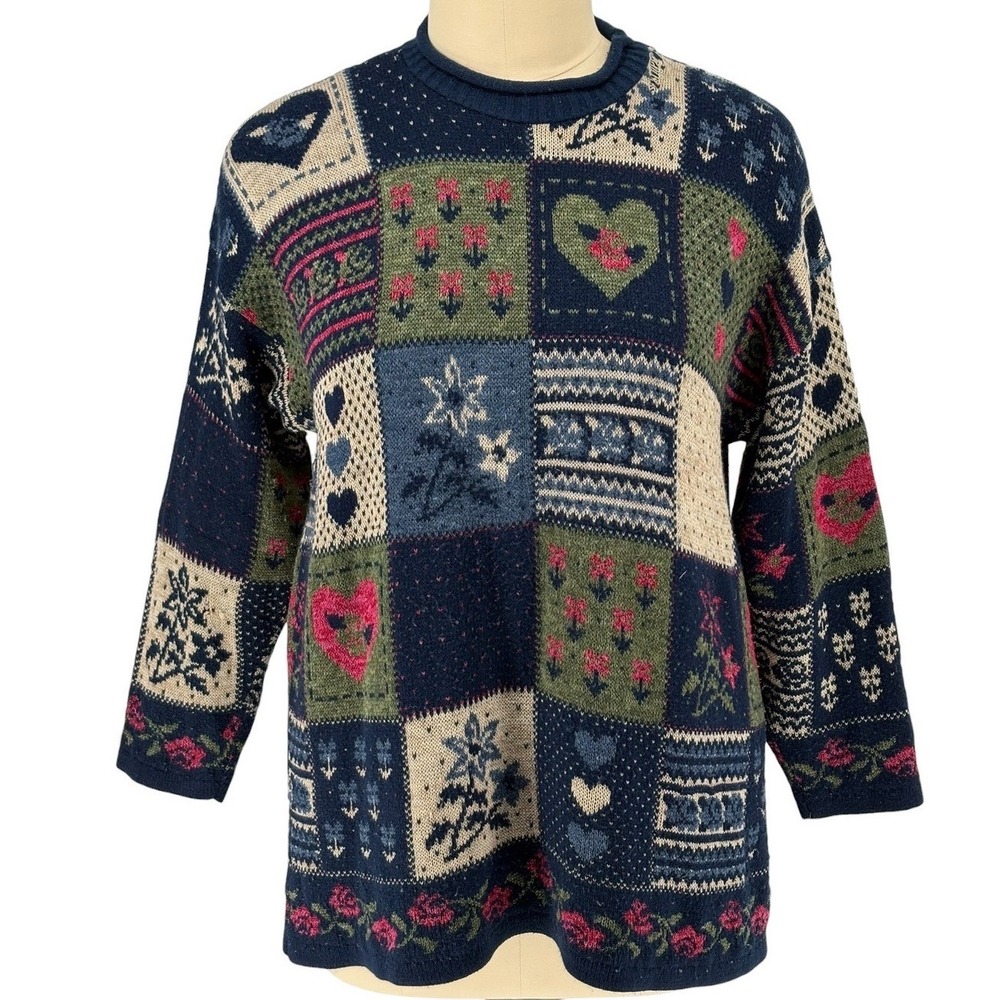 Fashion Bug Vintage Sweater Navy Blue Patchwork Floral Heart Print‎ Size XLL